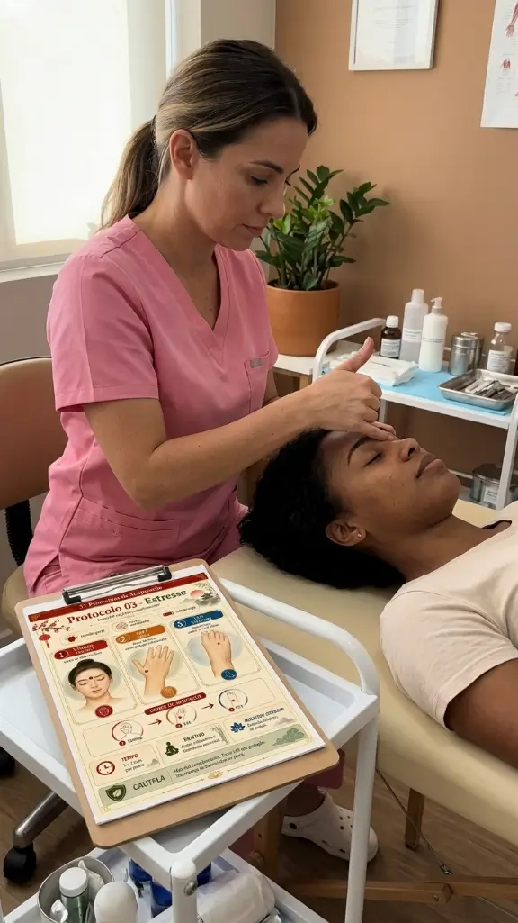 Profissional aplicando acupressão facial em atendimento