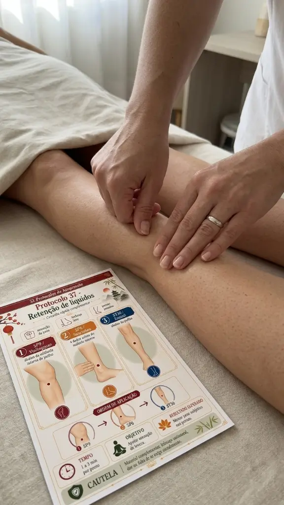 Aplicação de acupressão na perna com protocolo impresso